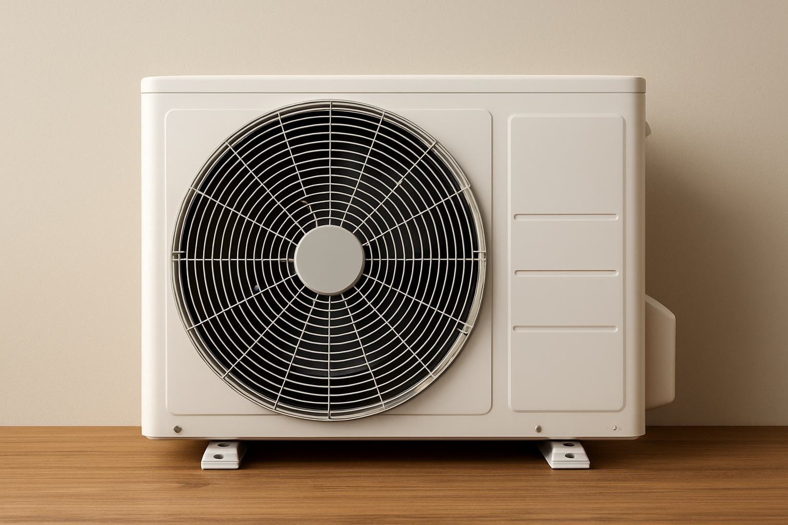 A heat pump unit with a large fan on a wooden surface against a plain background.