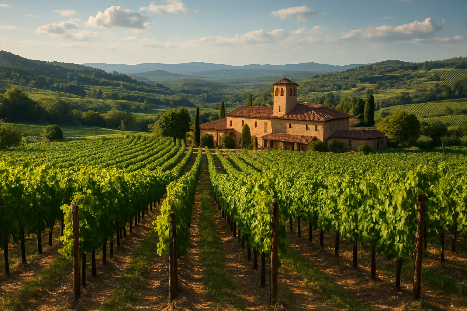 a scenic view of lush vineyards under a clear sky